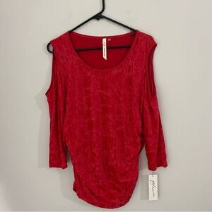 NY Collection Women's 3/4 Sleeve Cold Shoulder Velvet Pullover Top Red M